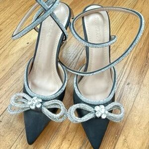 Black Pointed Toe Crystal Bow Ankle-Strap Pumps